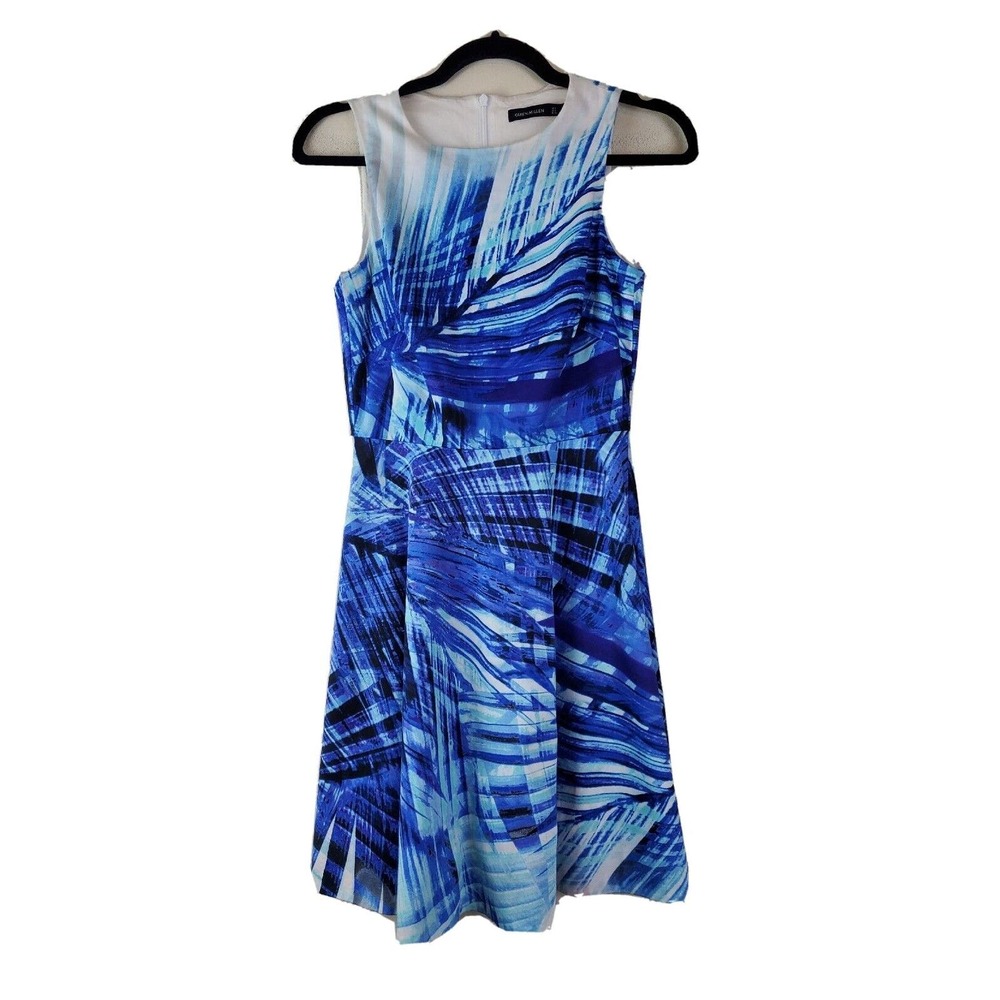 Karen Millen 4 Sleeveless Fit & Flare Dress Blue & White Print Party Formal